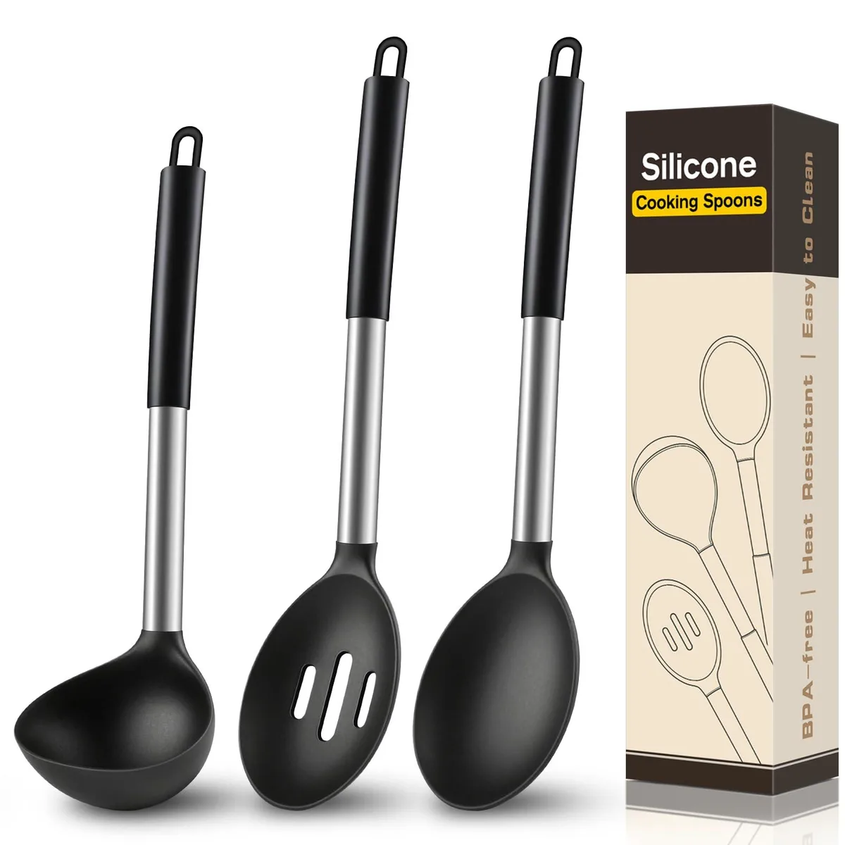 Three black silicone cooking spoons with solid, slotted and ladle heads