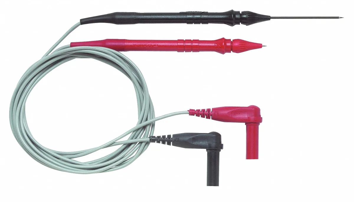 Red and black retractable needle tip test probe set with shrouded banana plugs