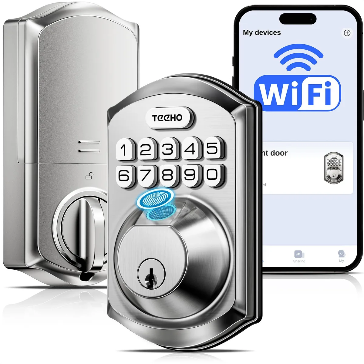 DNBeffulgent DNBeffulgent TE012W Smart Door Lock Satin Nickel Wi-Fi Fingerprint 20 users 100 codes IP55 2.4GHz — product photo
