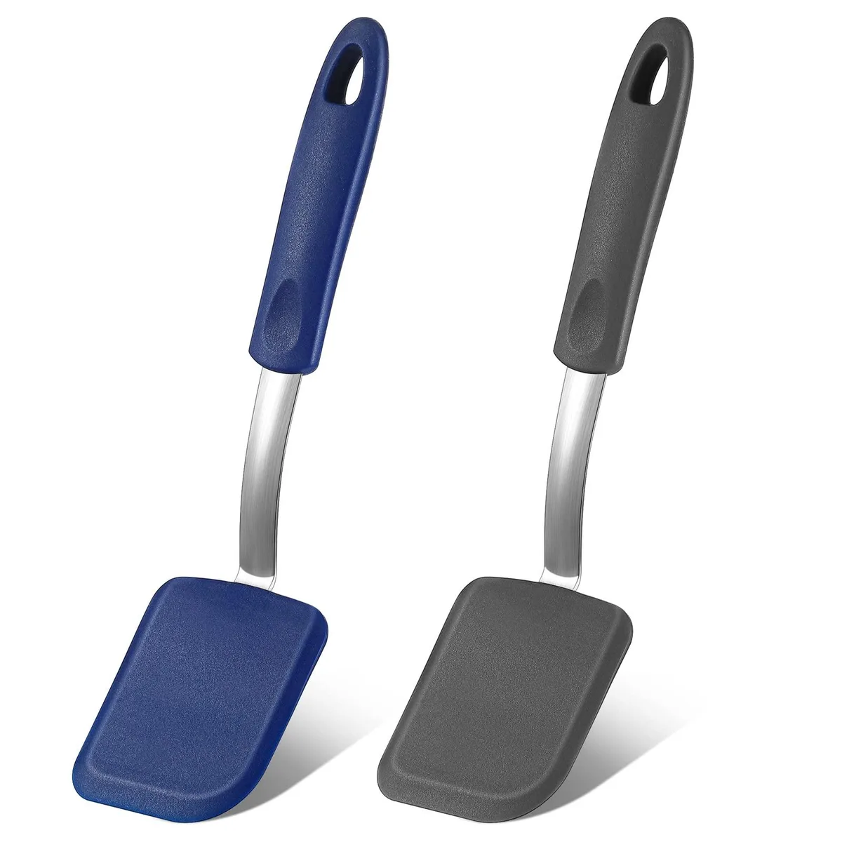 Two blue rectangular silicone turners with long handles and hanging holes