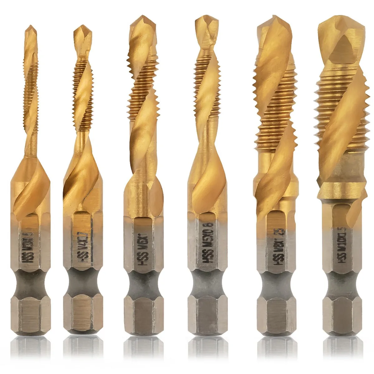 Six gold titanium-coated drill-tap bits with hex shanks