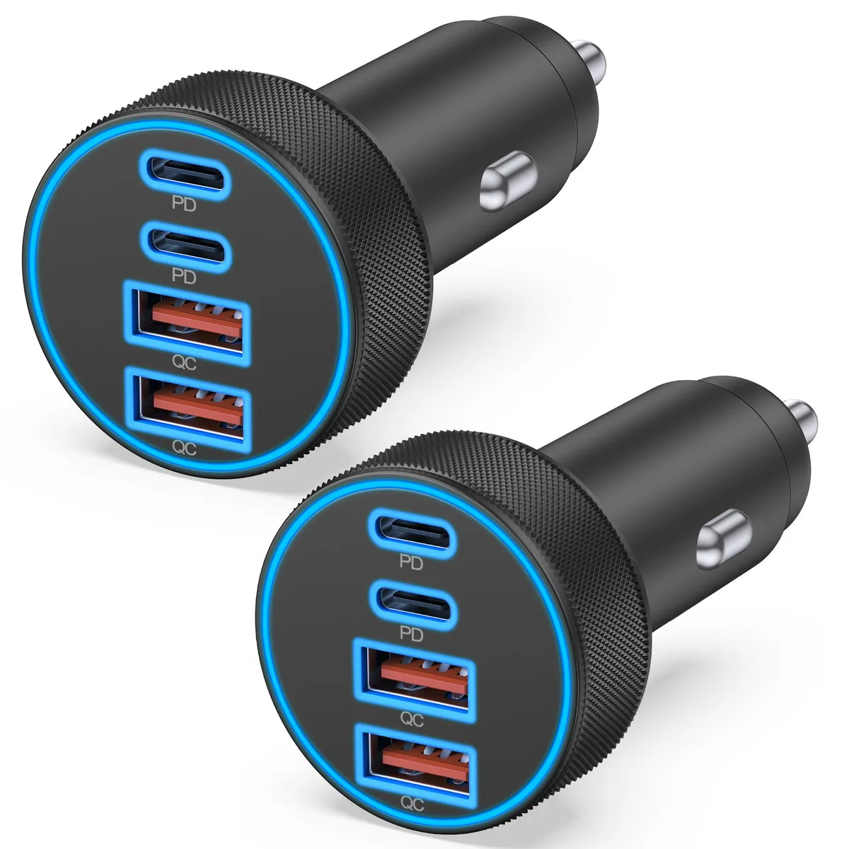 Two compact car chargers with metallic finish, each showing four ports: two USB-C and two USB-A
