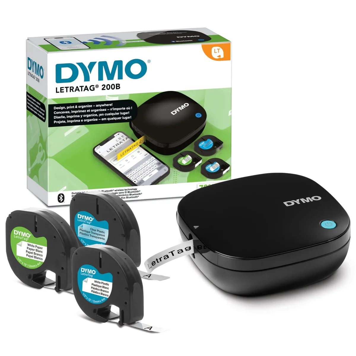 Compact white label printer with blue accents, three label cassettes included