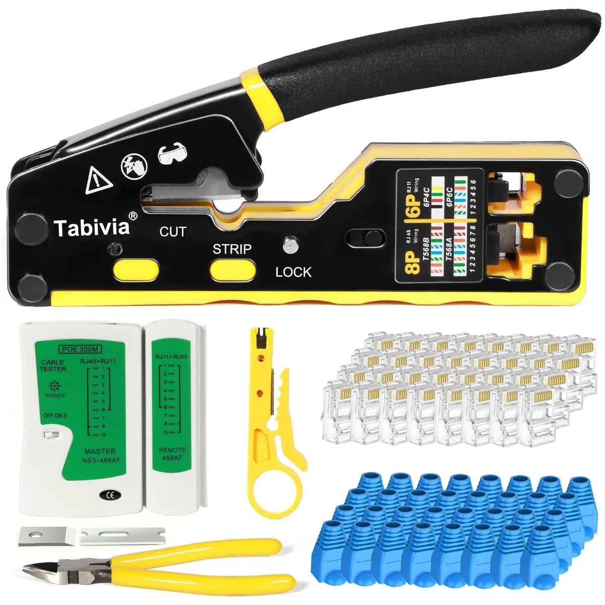 Black RJ45 crimping tool kit with yellow handles and accessories