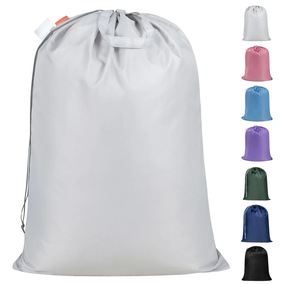 Silver rectangular fabric bag 28 by 36 inches with drawstring top and reinforced handles