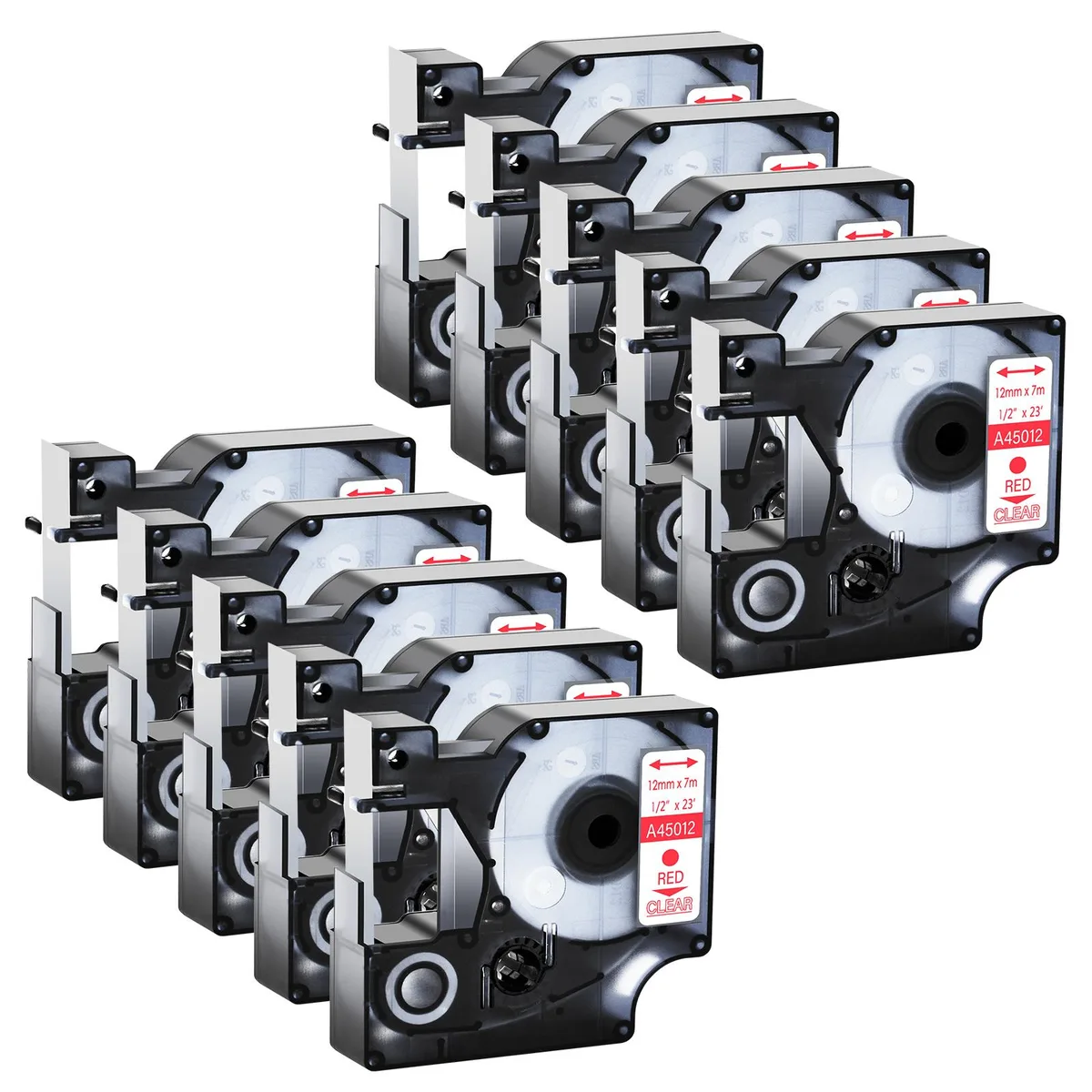 GREENCYCLE GREENCYCLE 10 Pack D1 Label Tape 12mm 23ft Red on Clear — product photo