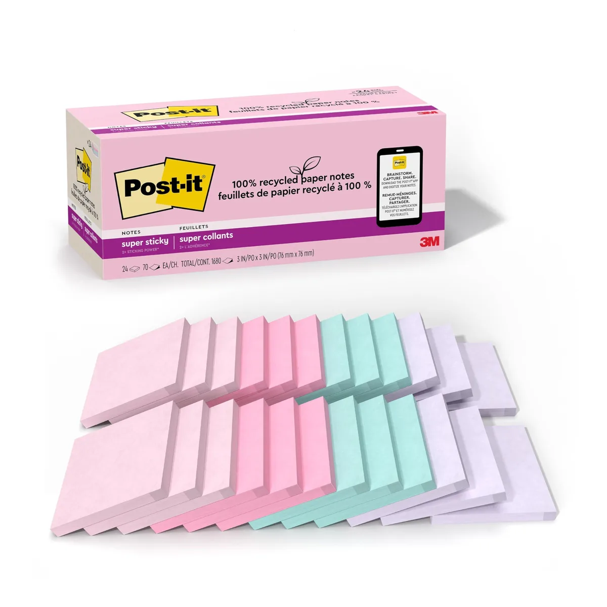 Twenty-four square pads of pastel Super Sticky Notes in a paperboard carton