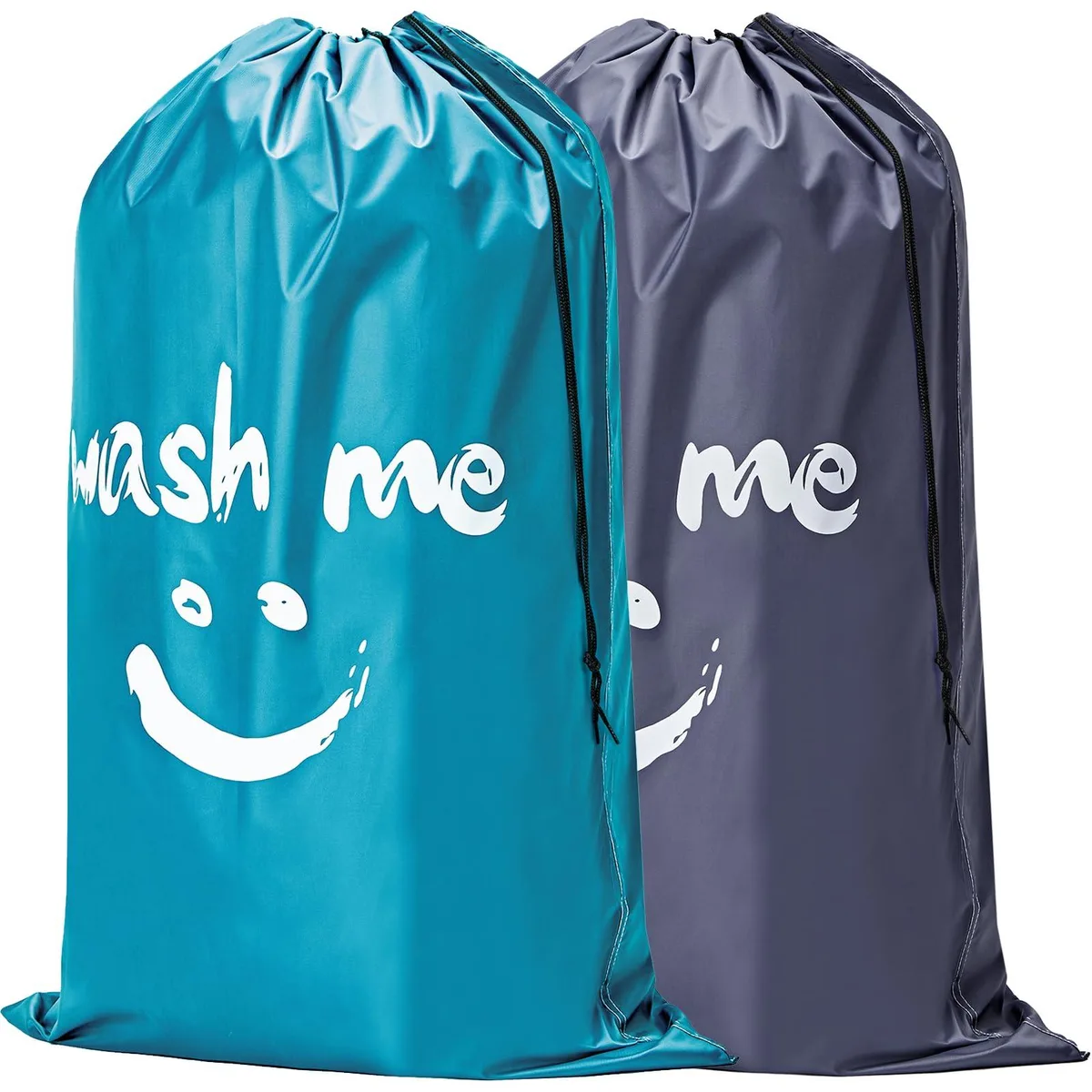 Two extra-large white nylon laundry bags with black drawstring cord locks lying flat