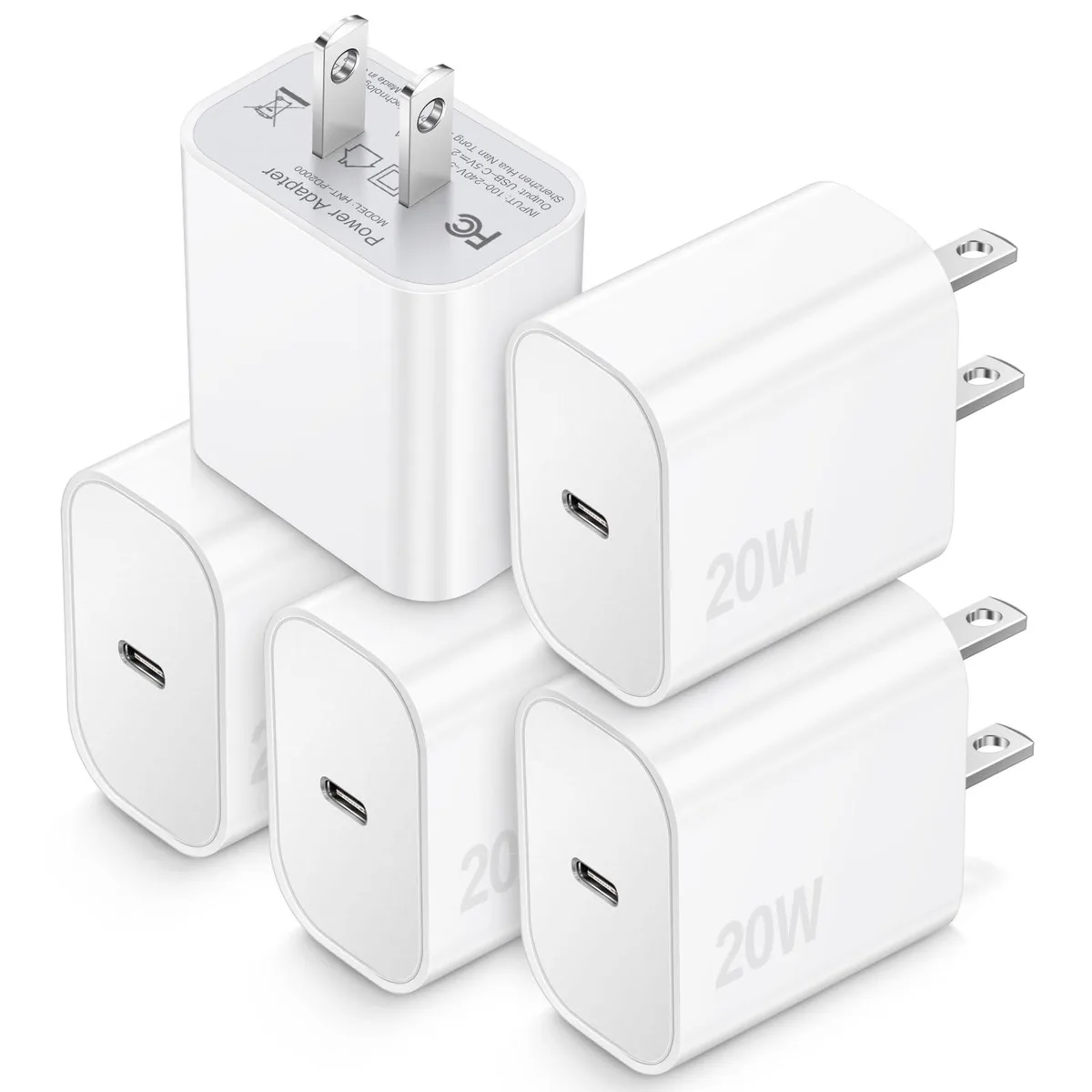 Five compact white USB-C charger cubes in a row