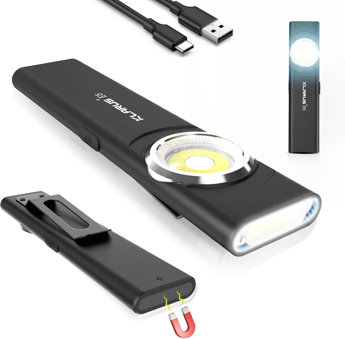 Slim black flashlight with magnetic clip and USB-C port