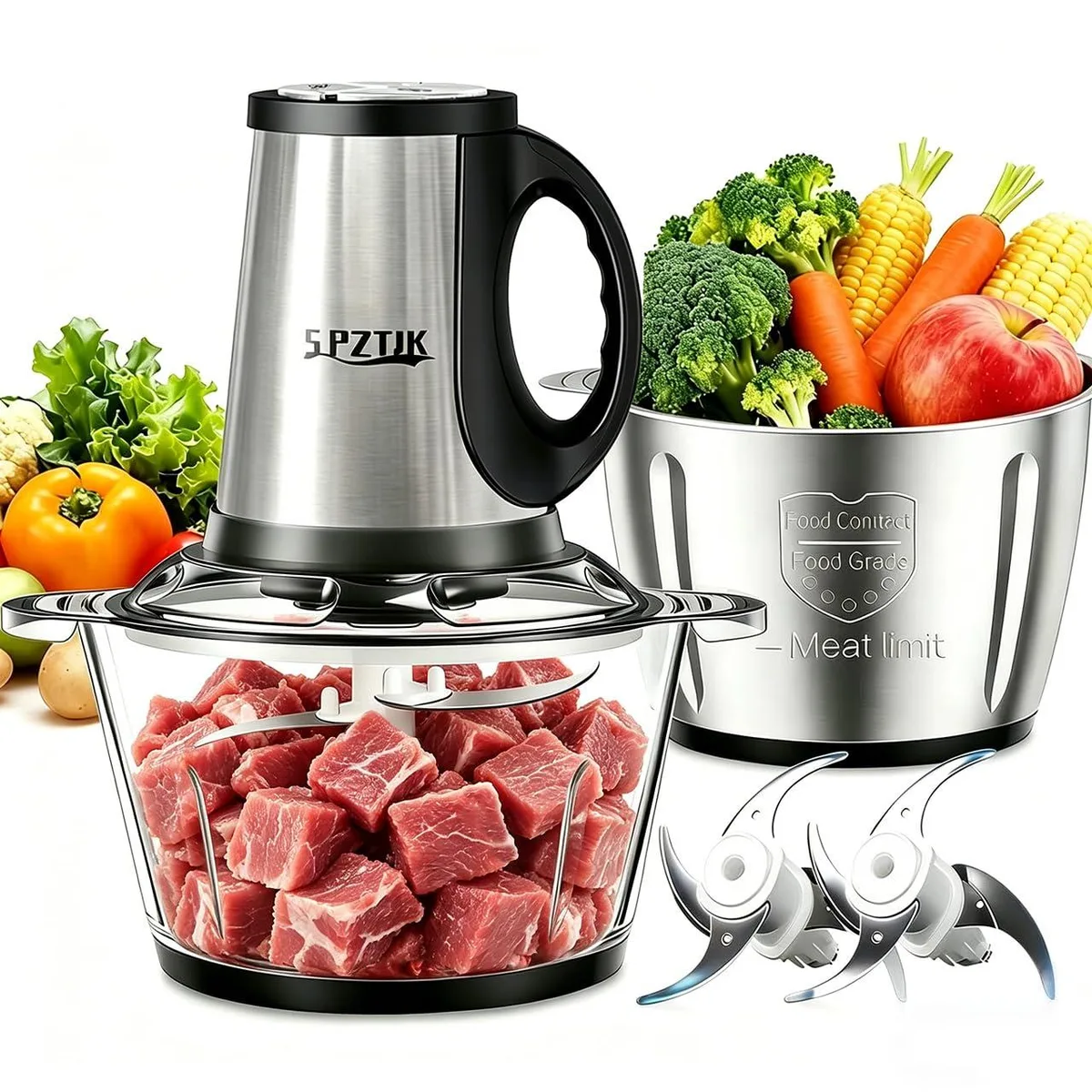  SPZTJK 2LJRJ-3D 300W 8-cup dual-bowl food processor — product photo
