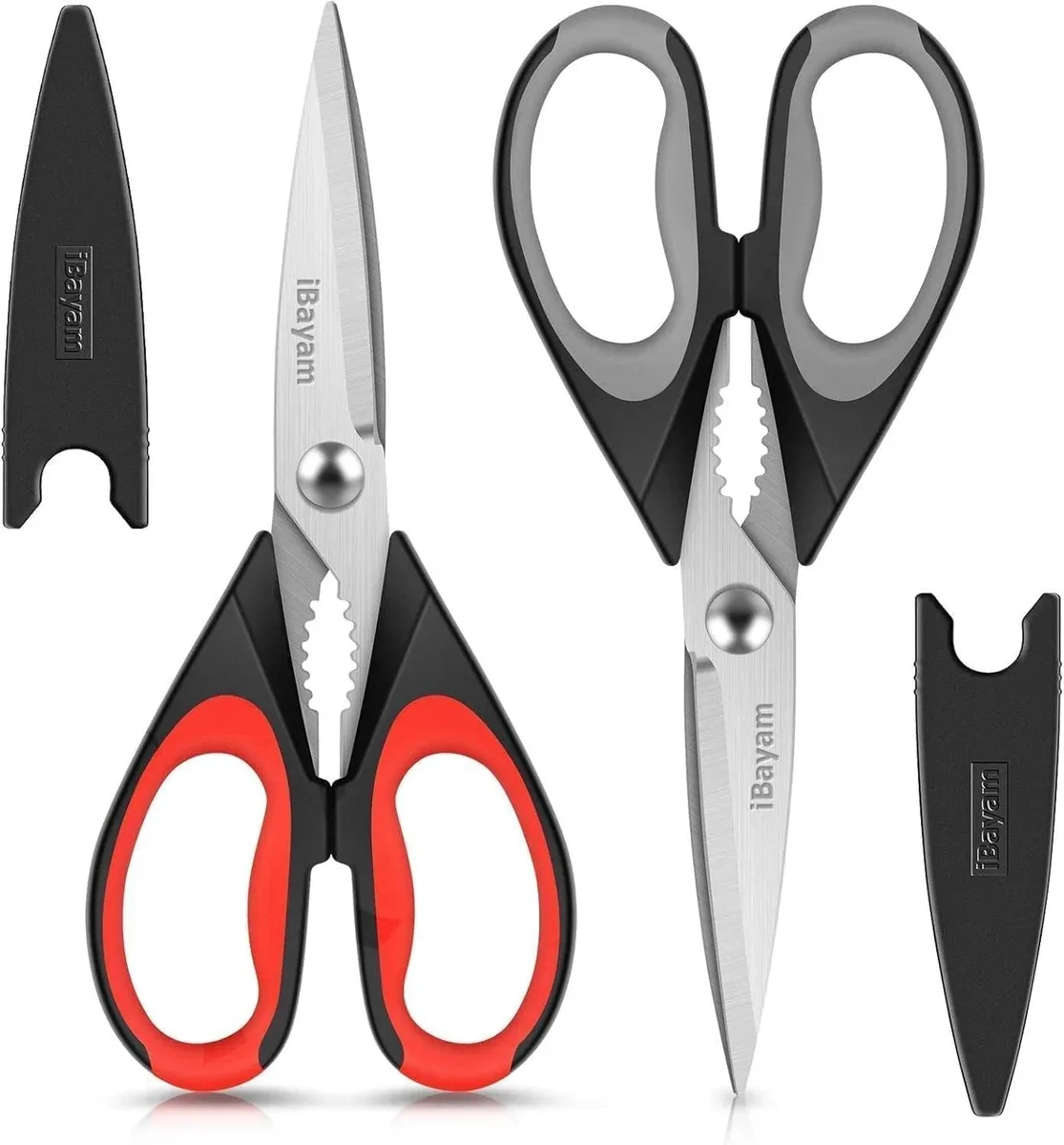 Two black kitchen scissors with stainless blades and comfort-grip handles, 8.66 inches long, sold as a pair