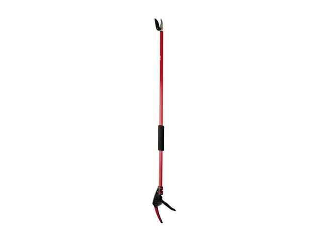 Silver long-reach pruner with 46 inch handles, black foam grips and non-stick coated blade