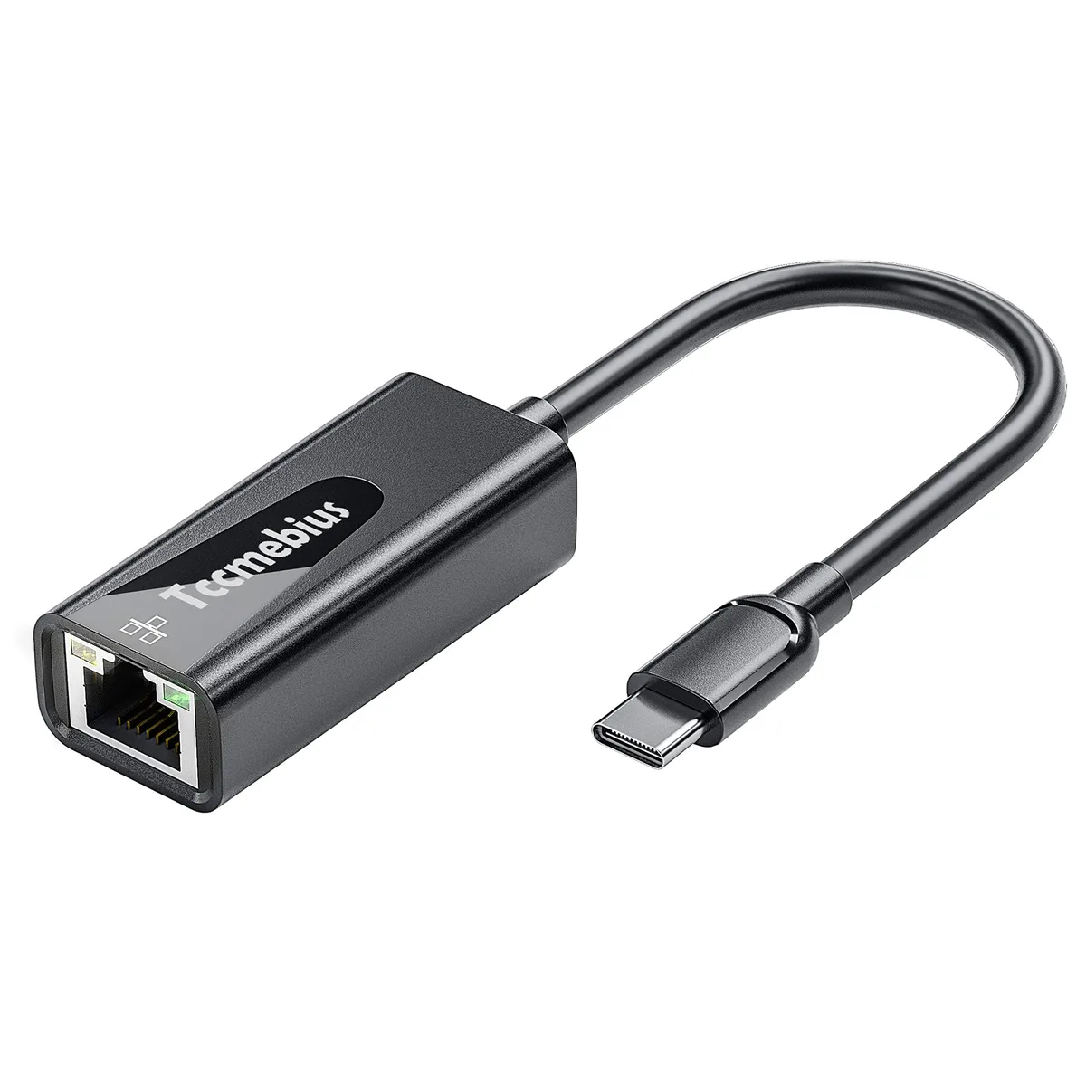 Small black USB-C to RJ45 network adapter, compact rectangular shape, matte finish