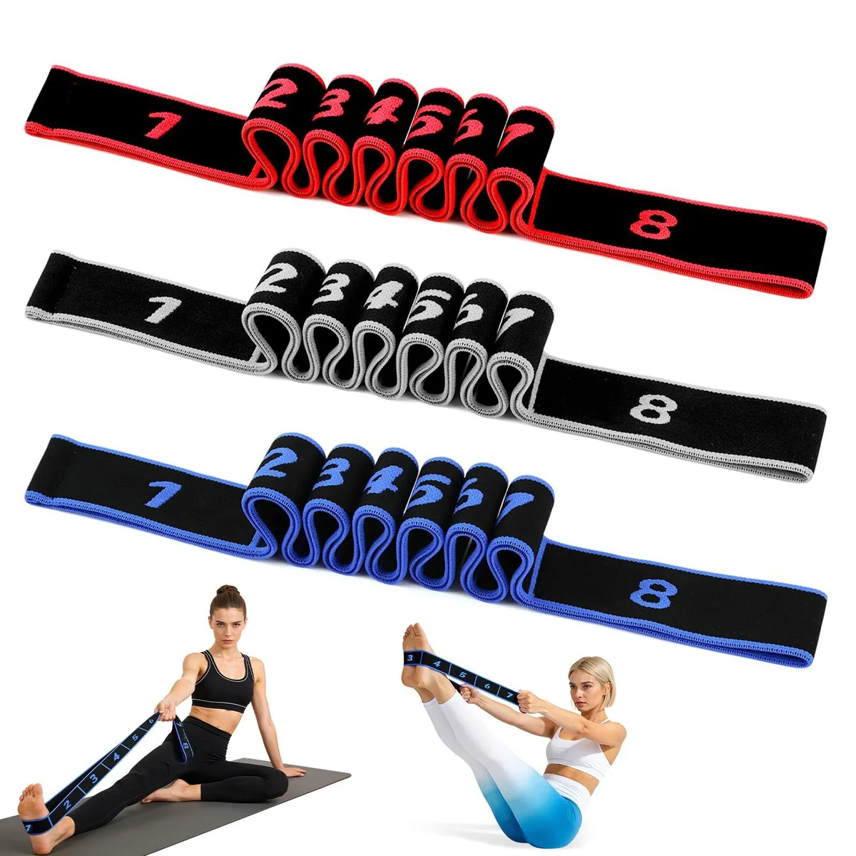 Three silicone resistance bands with handles, adjustable length, multicolour set