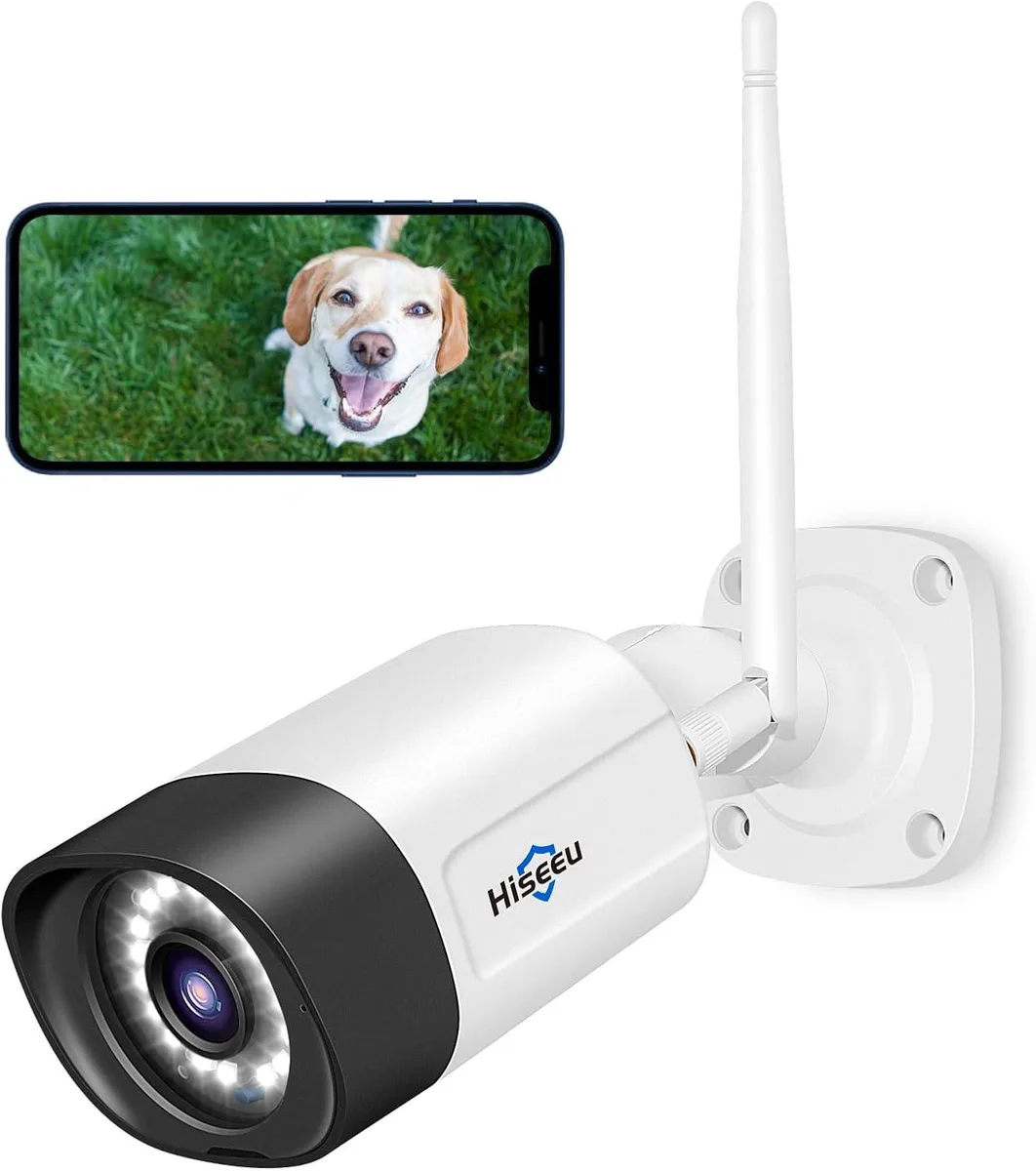 White outdoor floodlight security camera with dual spotlights and antenna