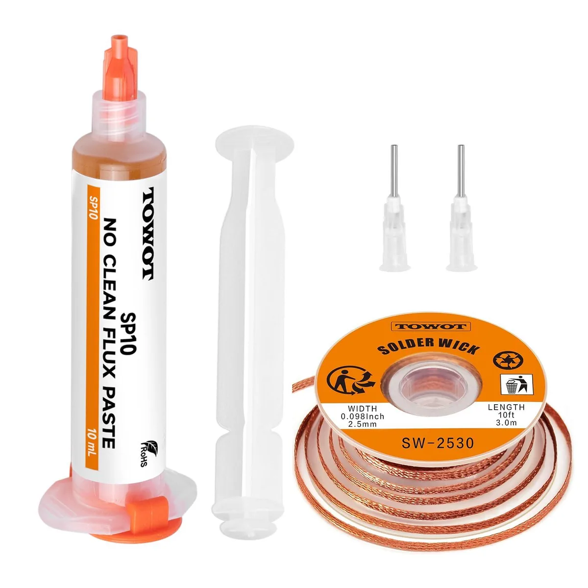 Solder wick braid spool and flux paste syringe, .1 inch width, 10ft length, 10cc capacity