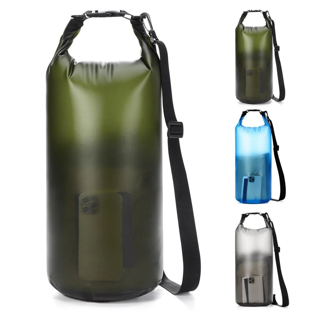 Black 10L roll-top waterproof backpack with transparent front panel and single shoulder strap