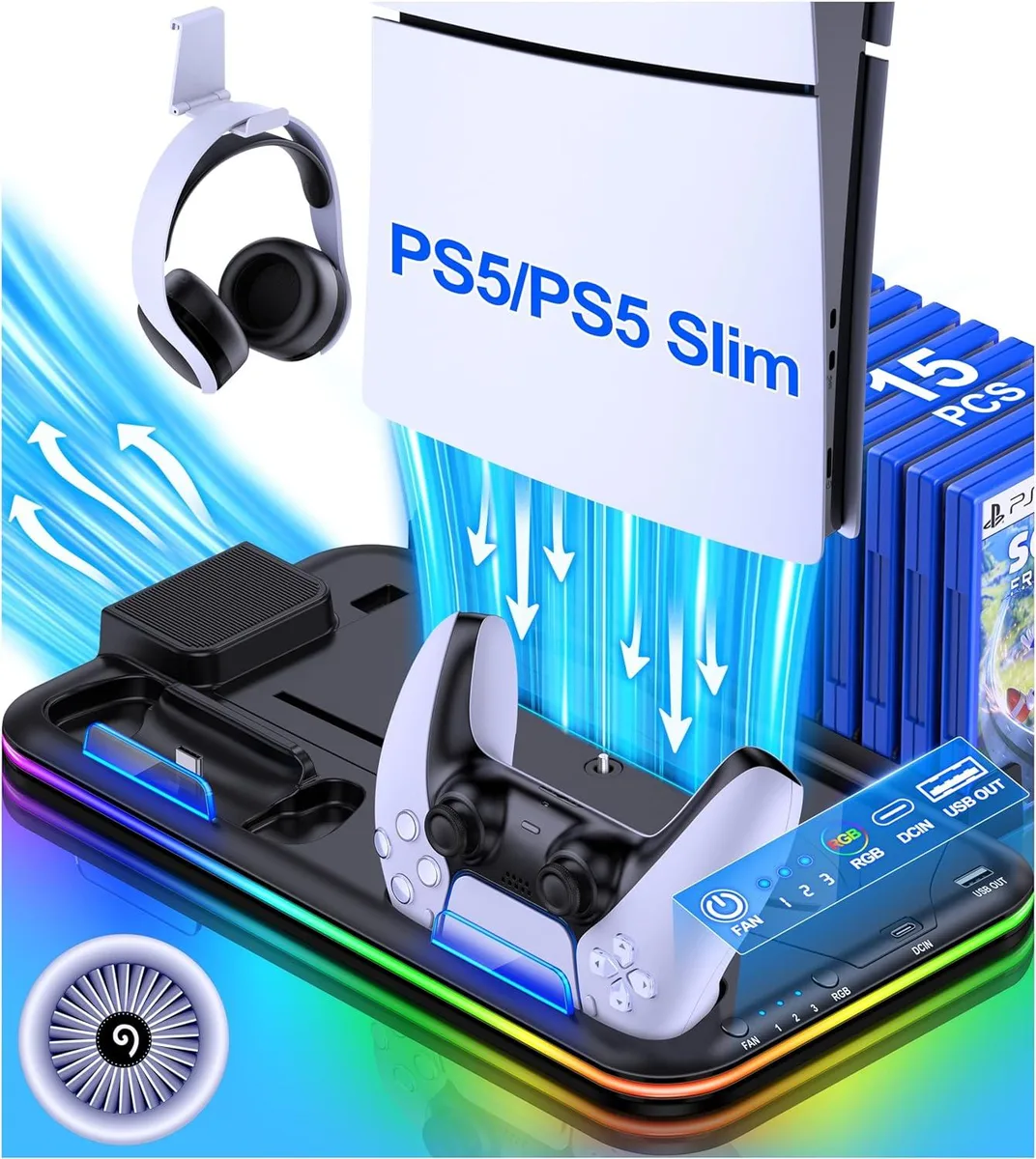 BONAEVER BONAEVER PS5 Slim Turbo Cooling Stand with Controller Charger, RGB, 15 Game Slots, Headset Holder, Black — product photo
