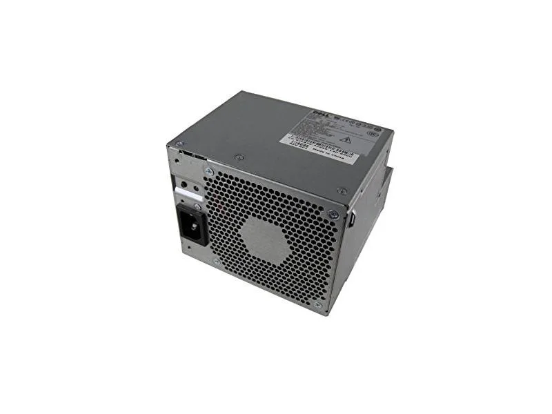 Rectangular silver metal server power supply unit with rear fan grille and power connector