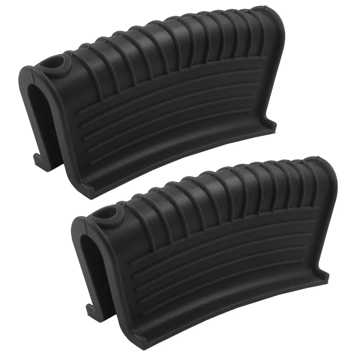 Two black silicone pot handle covers with textured grip and hanging holes
