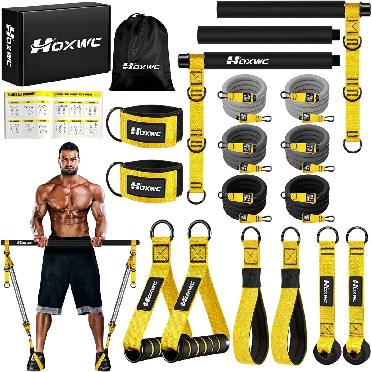 Pilates bar with foam grip and six resistance bands
