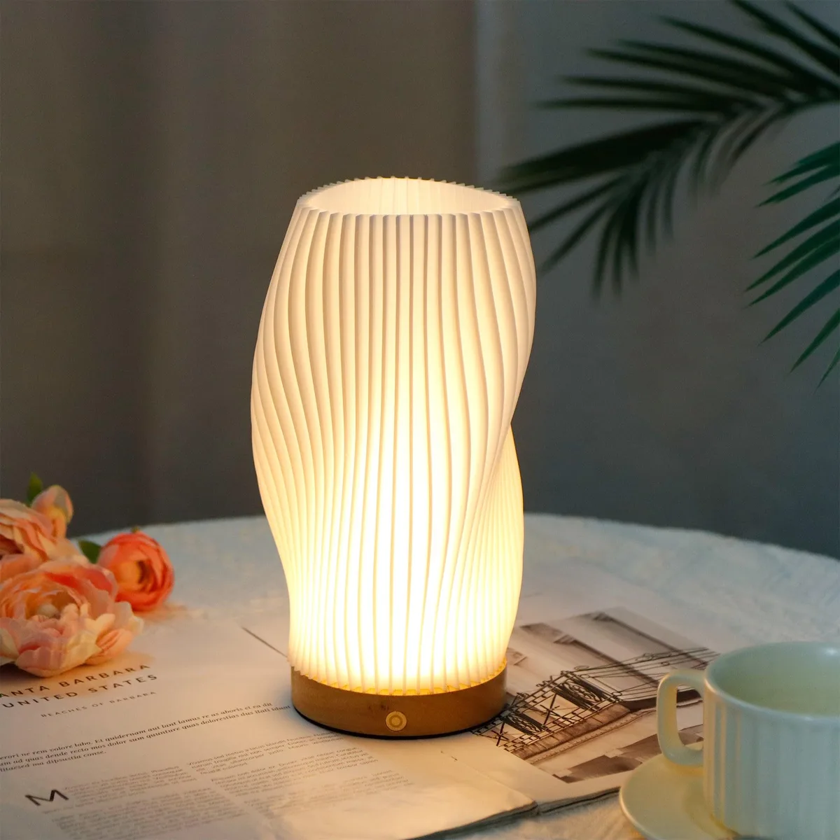 Rechargeable touch table lamp with 3D-printed shade on wood base
