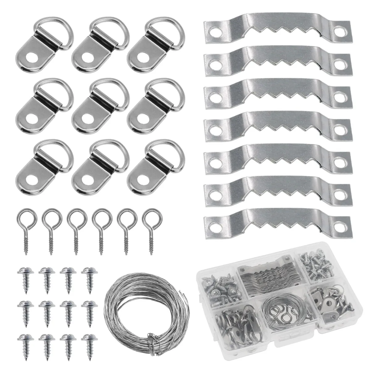Assorted metal hooks, D-rings, nails and coiled wire in a storage box