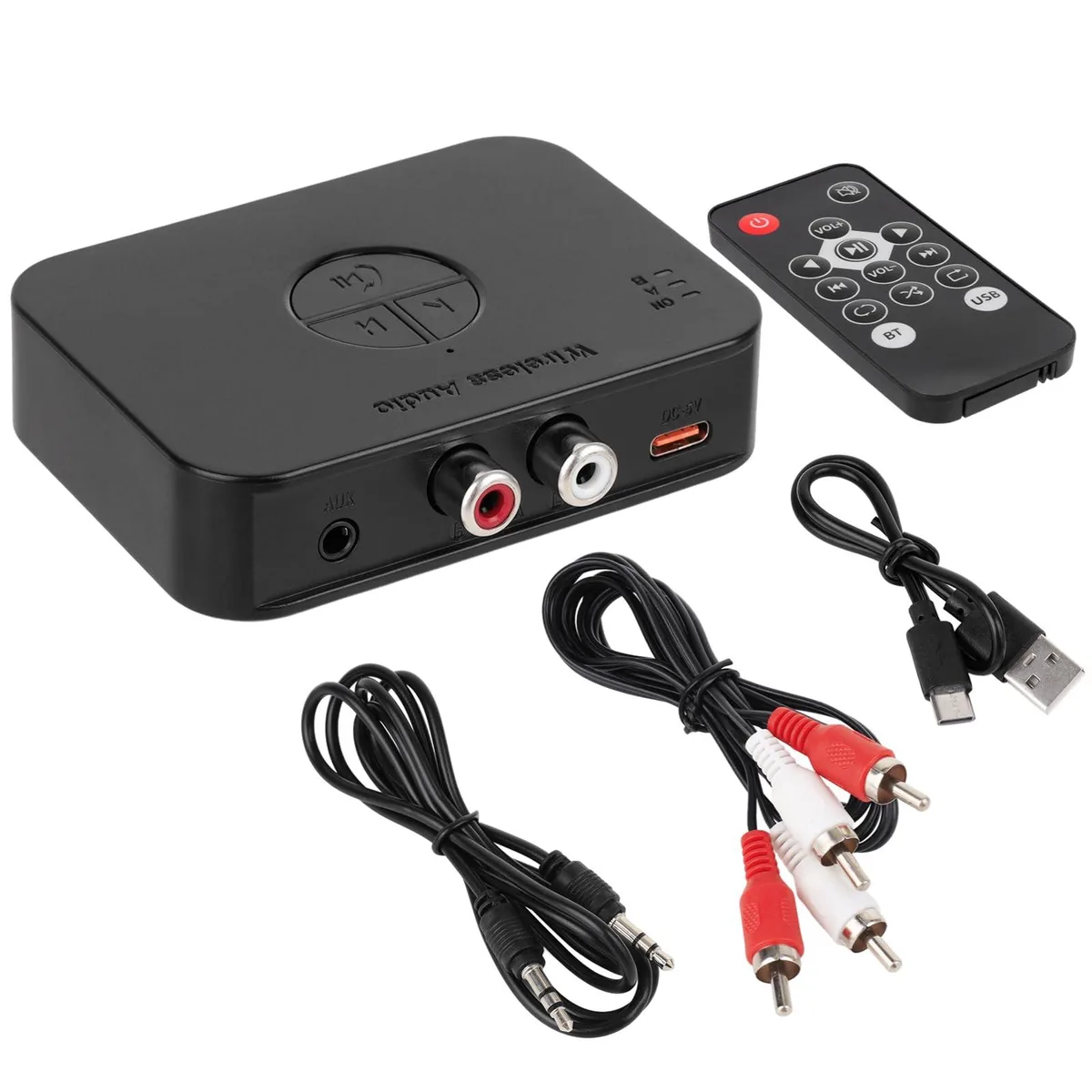 Small black Bluetooth 5.4 receiver with USB-C power, 3.5mm and RCA outputs, remote included