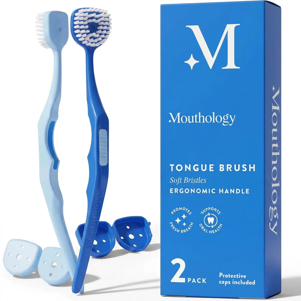 Two blue tongue brushes with ergonomic handles and protective caps