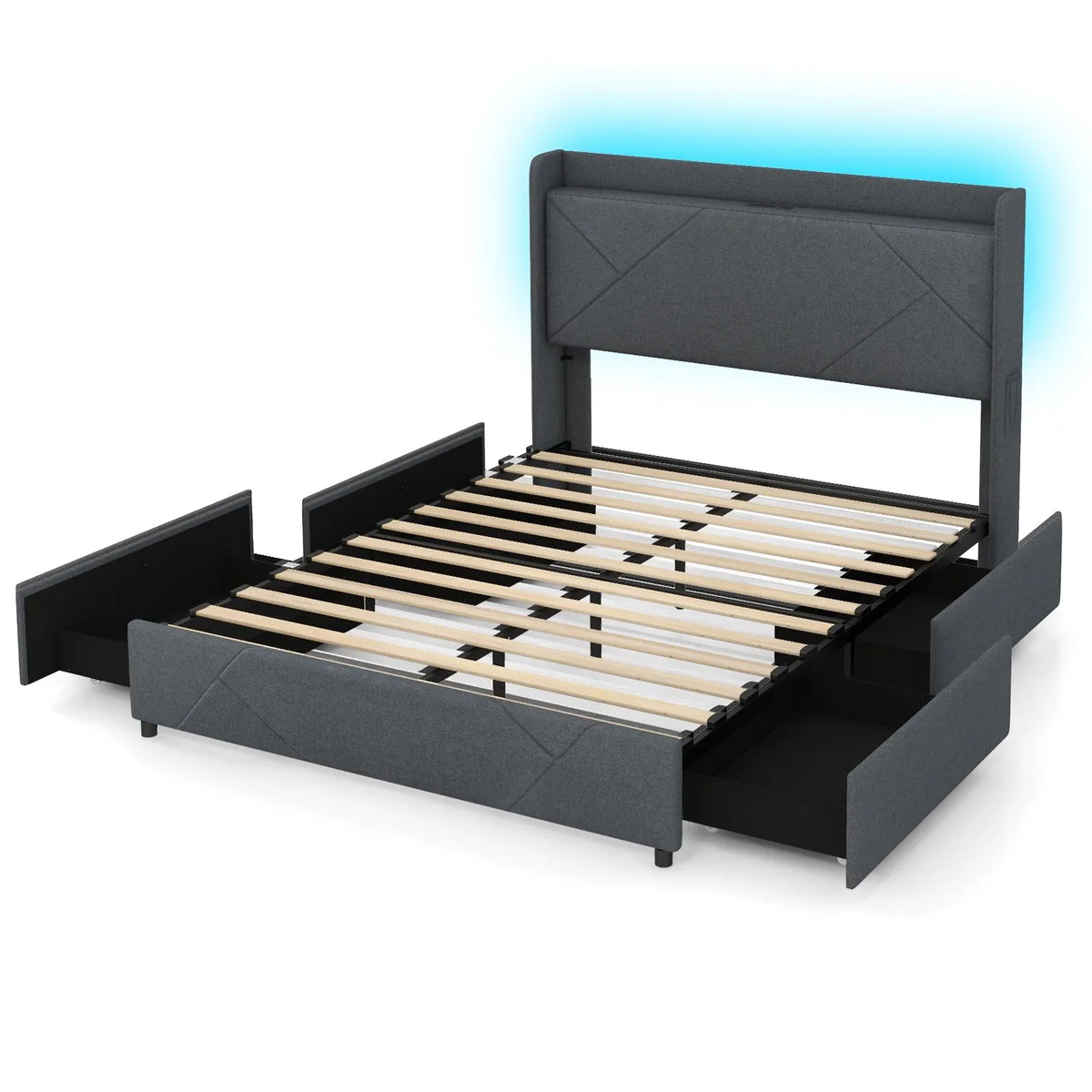 SlickBlue SlickBlue Queen Bed Frame with LED Lights and Charging Station Grey — product photo
