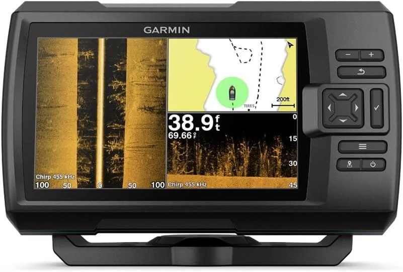 Rectangular marine fishfinder with seven-inch sunlight-readable screen, dark casing, and included transducer