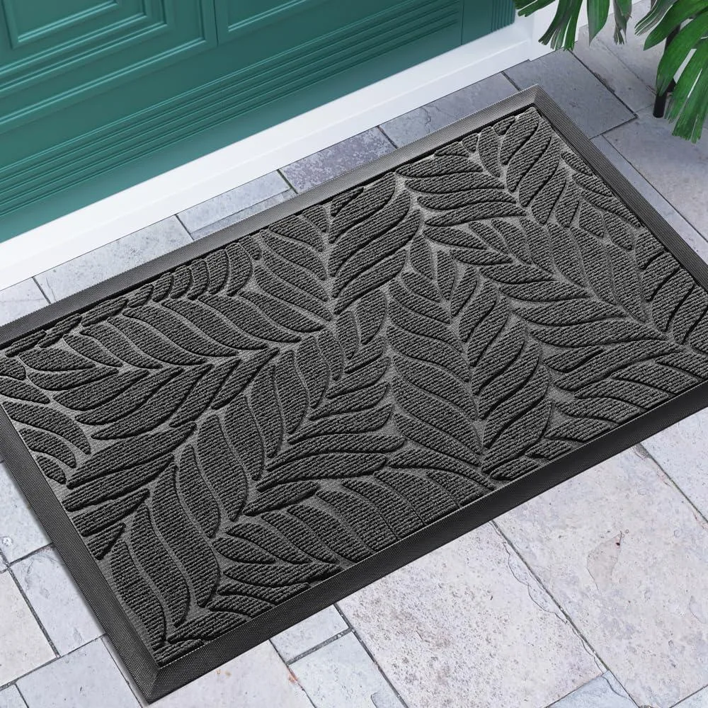 Grey bamboo doormat with striped pattern, rubber backing, 29.5x17 inches
