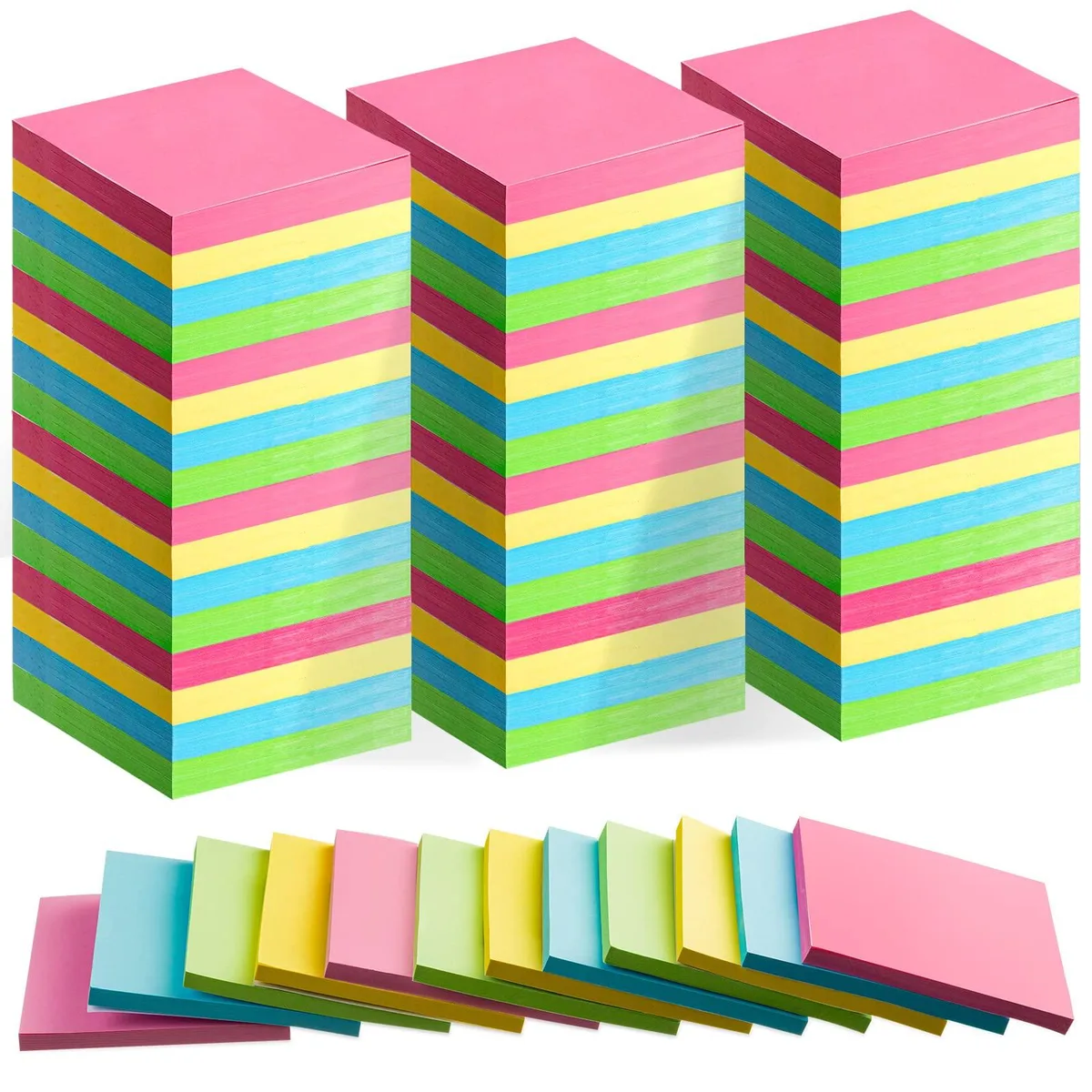 Box of 120 square sticky-note pads in pink, blue, yellow and green, each pad 3 by 3 inches