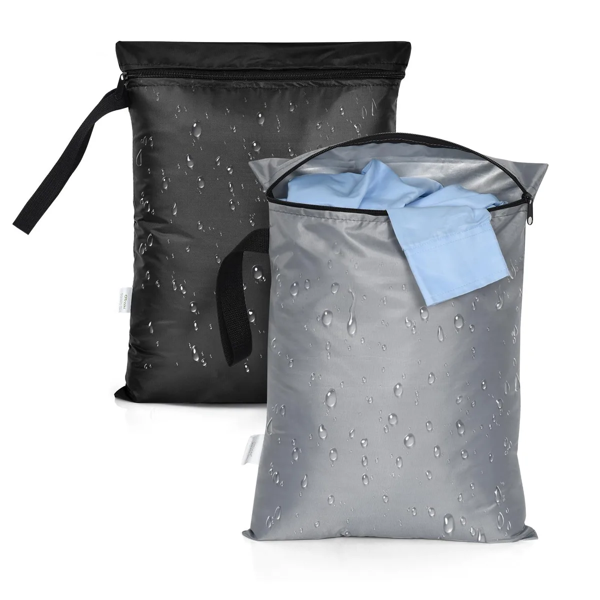 Two rectangular polyester wet bags, black and grey, each with a zipper and carry handle