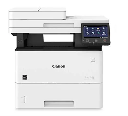White rectangular laser multifunction printer with flat scanner lid and front paper tray