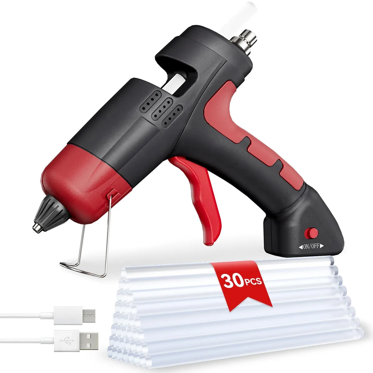 White cordless mini glue gun with USB-C port and 30 clear sticks