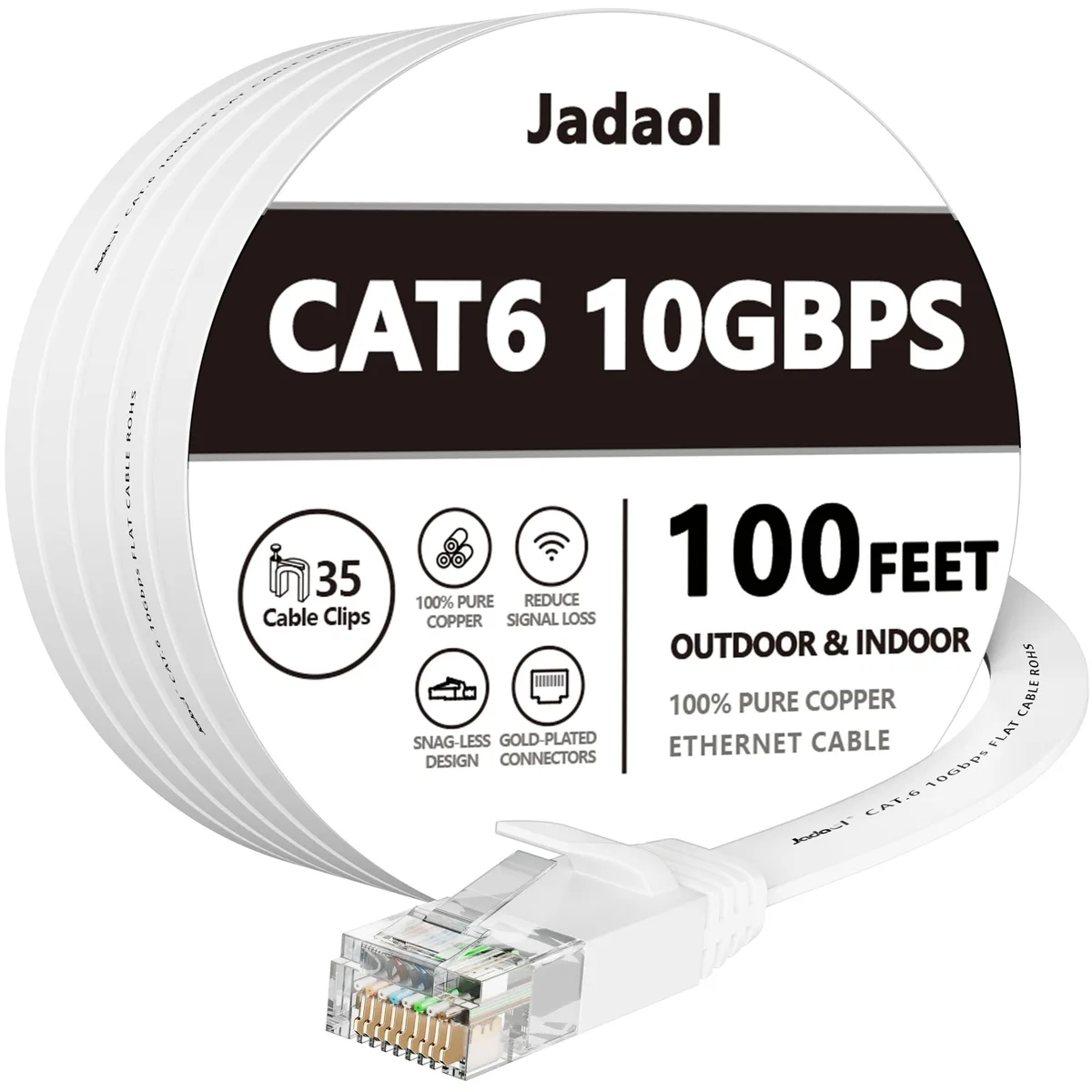 Jadaol Cat6 Flat Ethernet Cable 100 ft White with 35 Clips — product photo