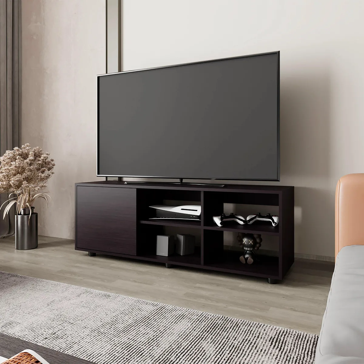 Wengue finish TV stand with one door and open shelves, particle board