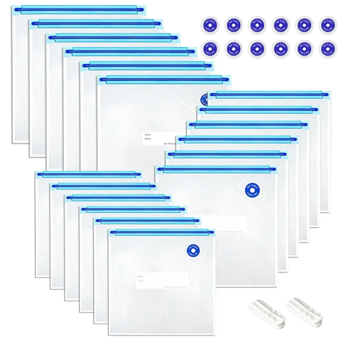 Blue reusable vacuum sealer bags set with clips and valves