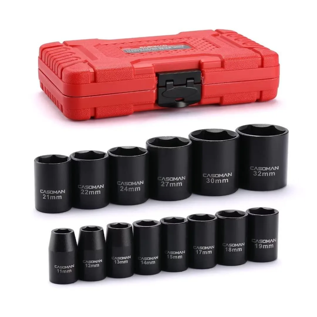  DeWalt 14-Piece 1/2-Inch Drive Shallow Impact Socket Set, Metric, 6-Point, 11-32mm — product photo
