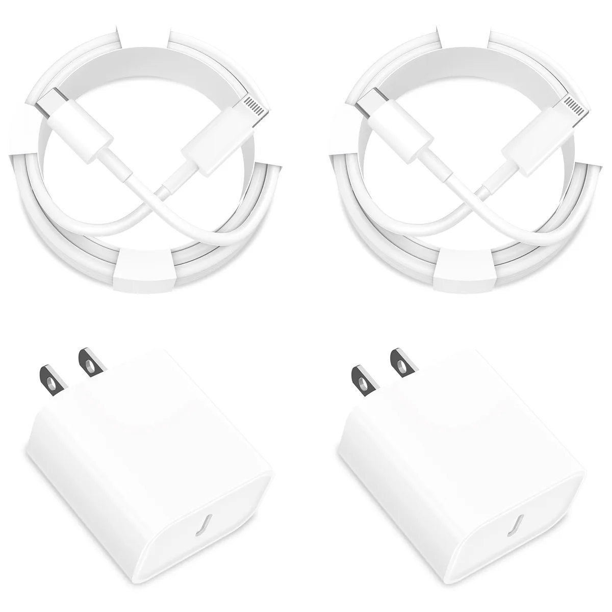 Four white USB-C wall chargers with six-foot lightning cables