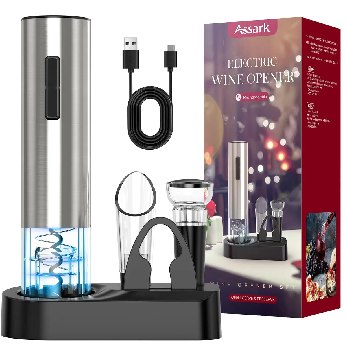Silver electric wine opener set with foil cutter, aerator, vacuum seal and storage base