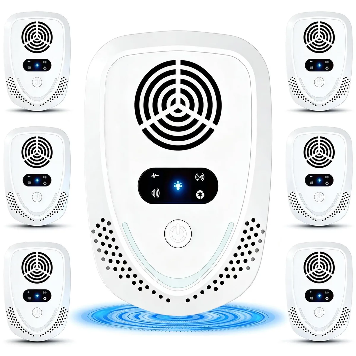 Six small white plug-in units with blue night lights and mode buttons