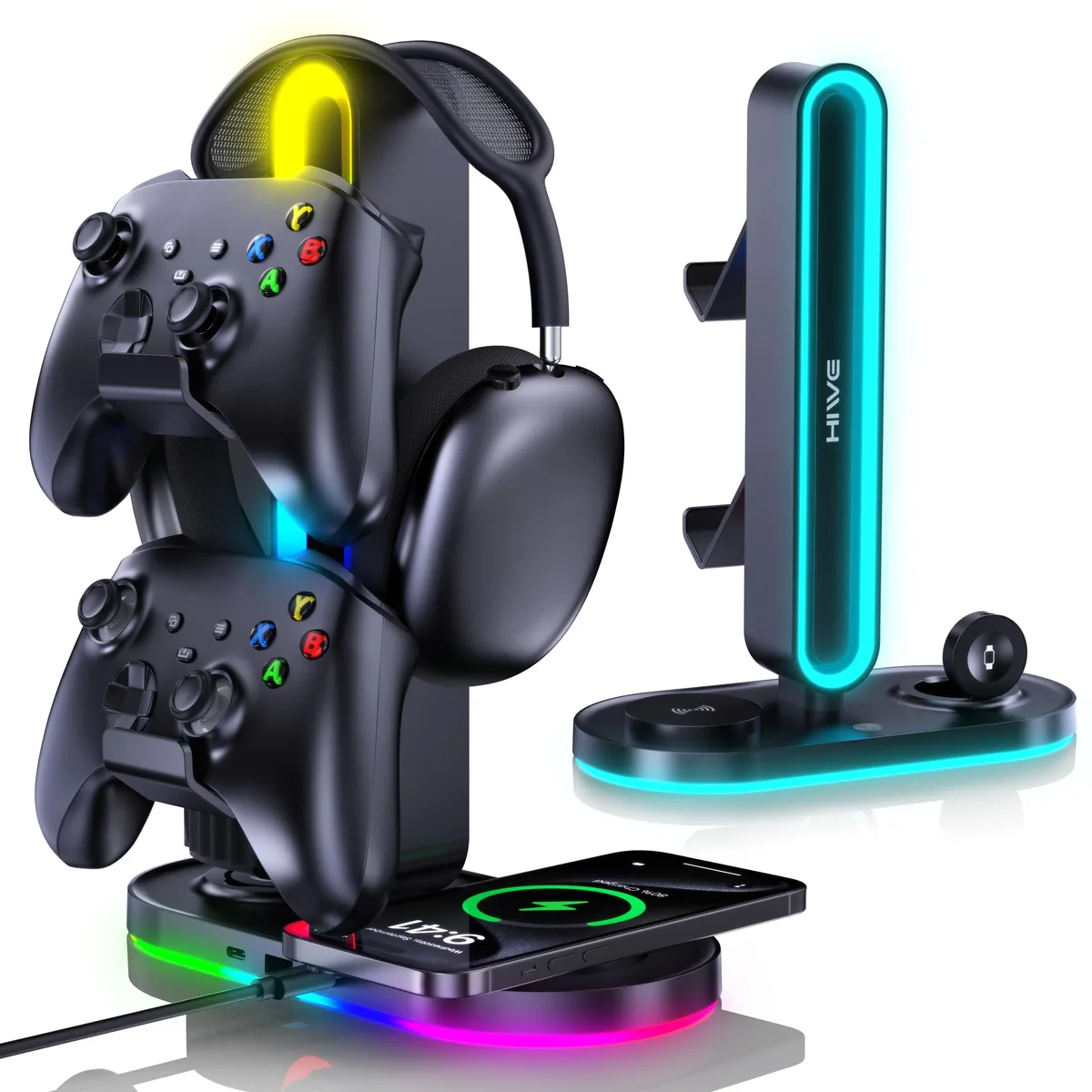 HiWe HM54 Headphone Stand RGB Wireless Charging Black 11.18 in — product photo