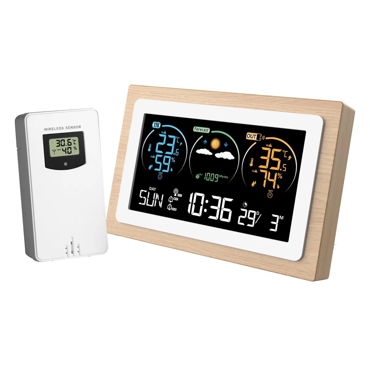 Rectangular wood-framed weather station with colour VA screen and white outdoor sensor