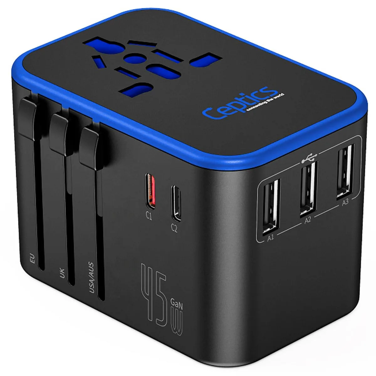 Black rectangular travel adapter with sliding plug modules and five USB ports