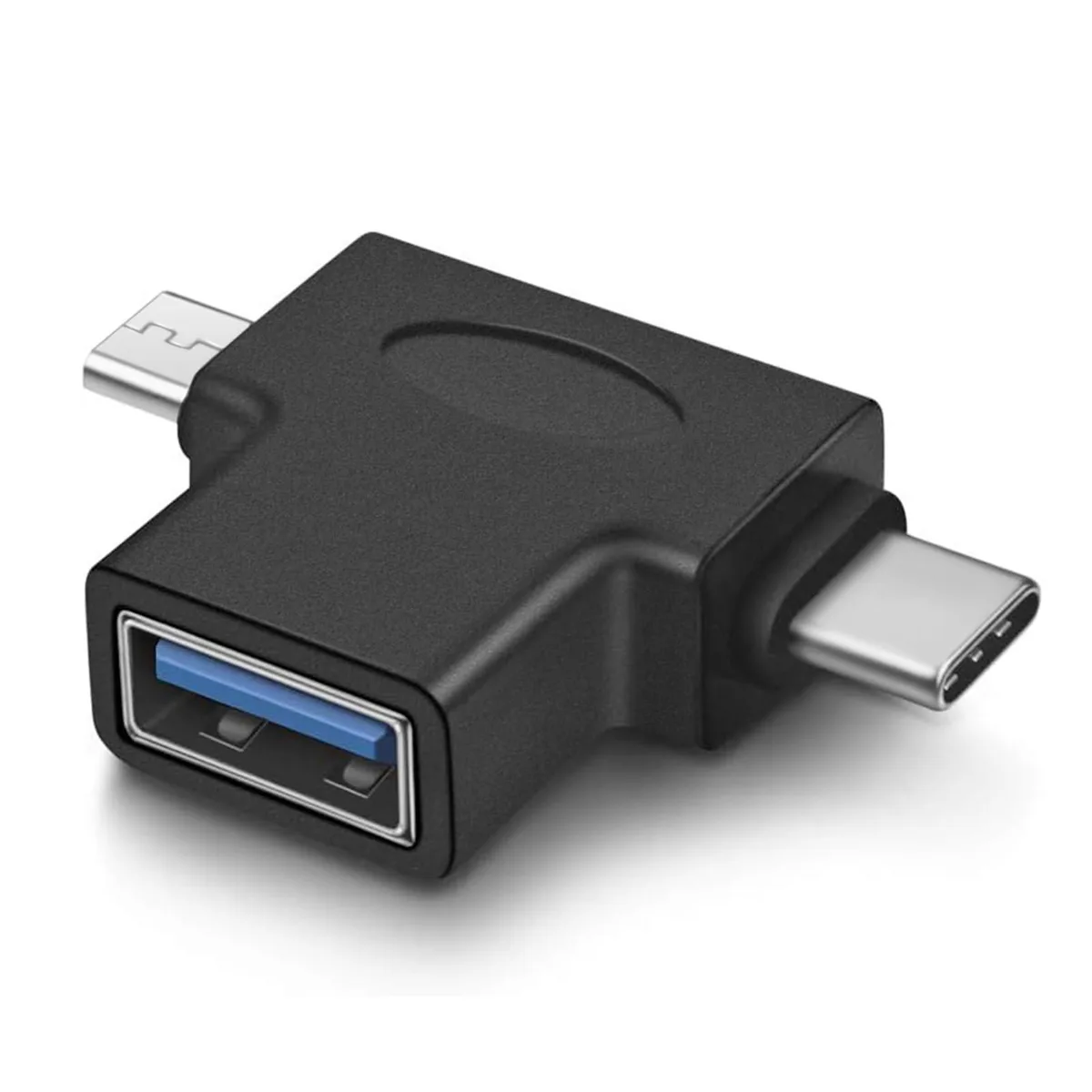 Small matte adapter with USB-A female and Micro USB plus USB-C male plugs