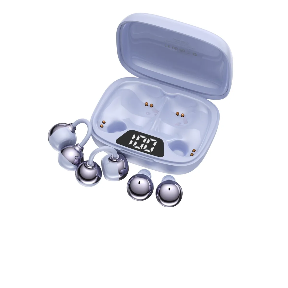 Two pairs of purple wireless earbuds in a case, one clip-on style and one in-ear style