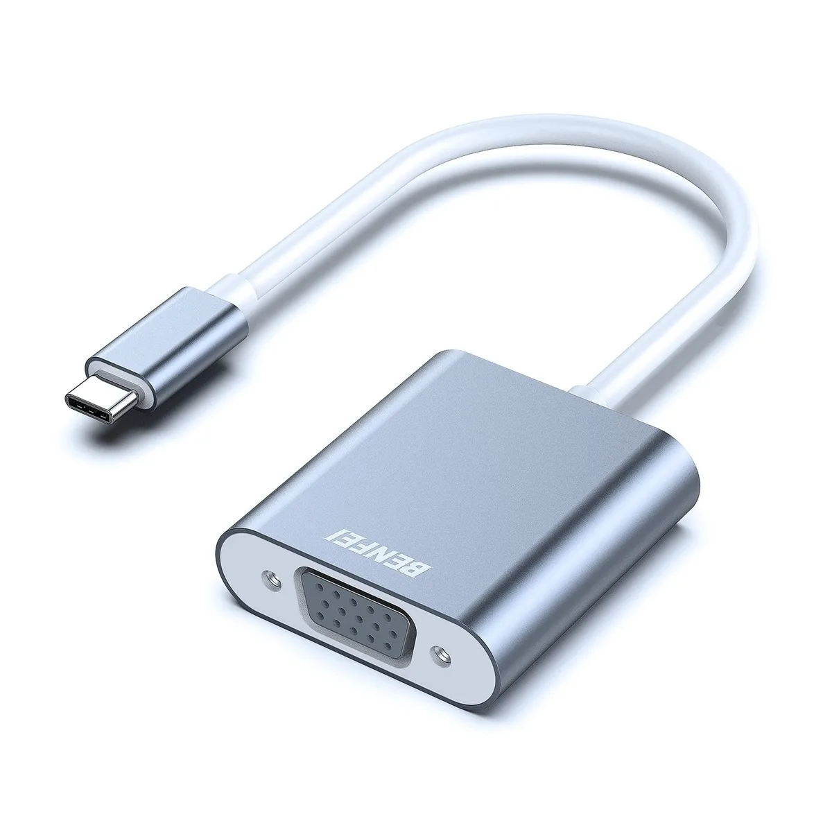 Grey oval USB-C to VGA adapter with aluminium shell